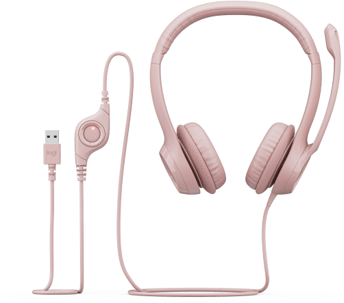 Rózsaszín headset rugalmas mikrofonnal és USB-csatlakozóval.