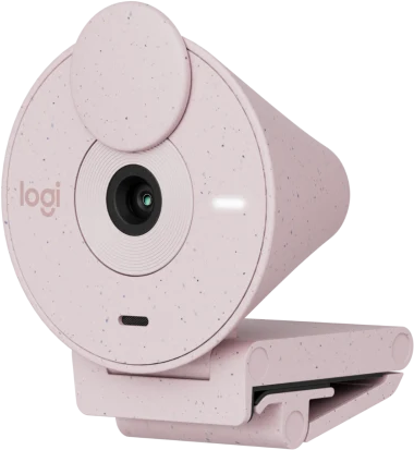 Rózsaszín Logitech webkamera. Elölnézet, fekete lencse, rögzített csipesszel.