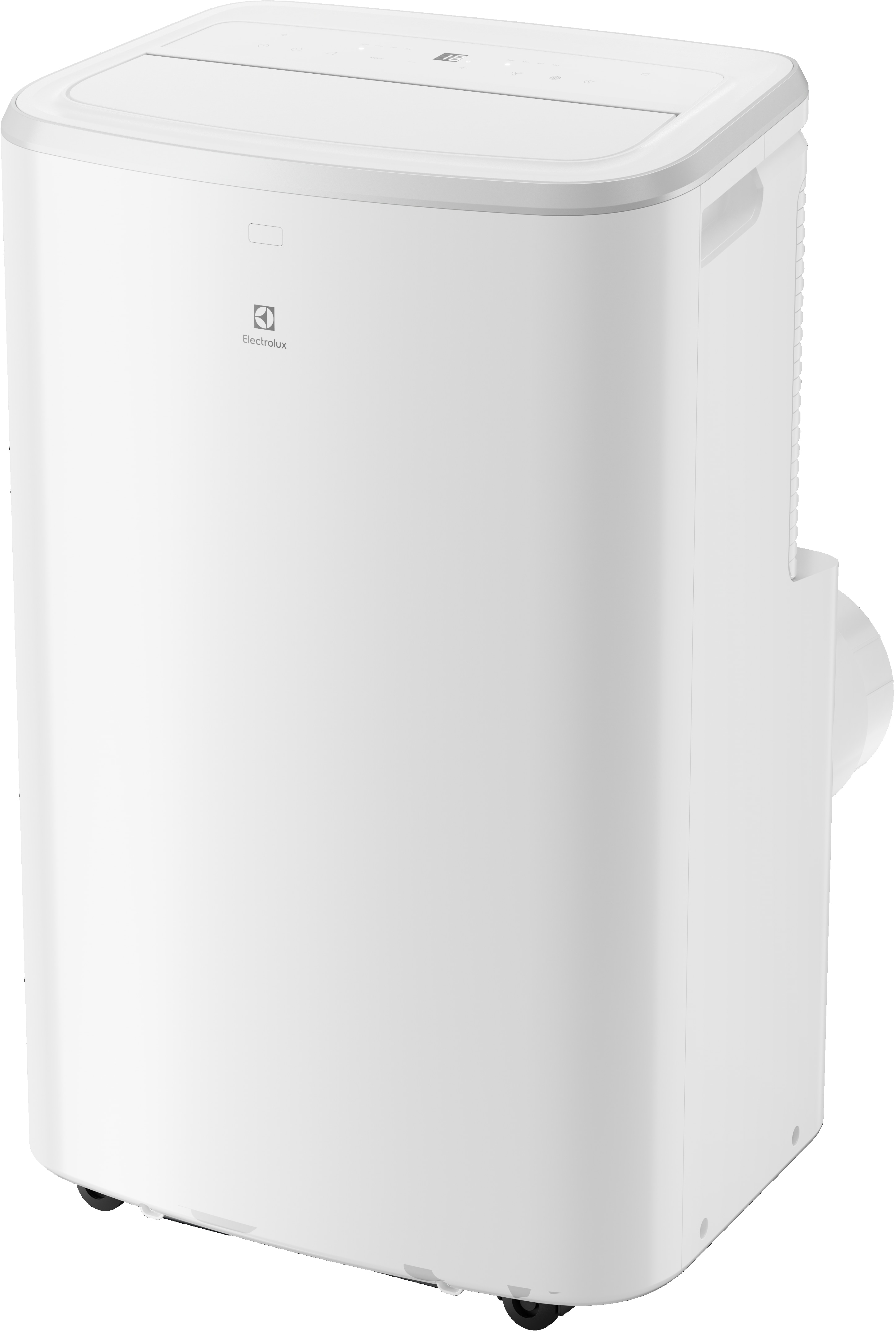 Weißes tragbares Klimagerät von Electrolux auf Rädern, mit weißem Hintergrund.
