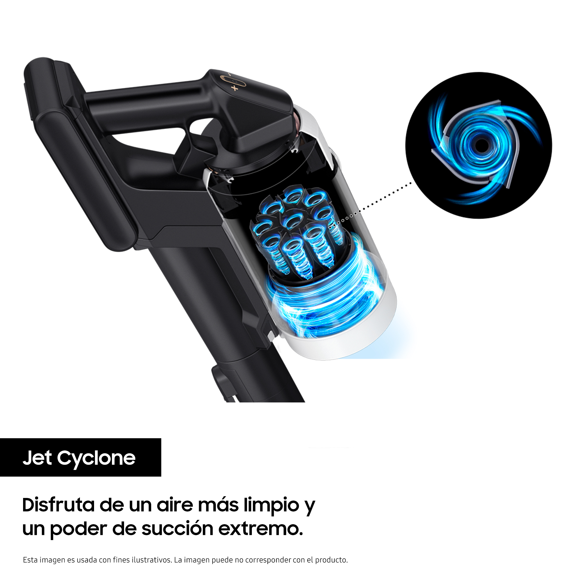 Una aspiradora con una cámara transparente que muestra remolinos azules.