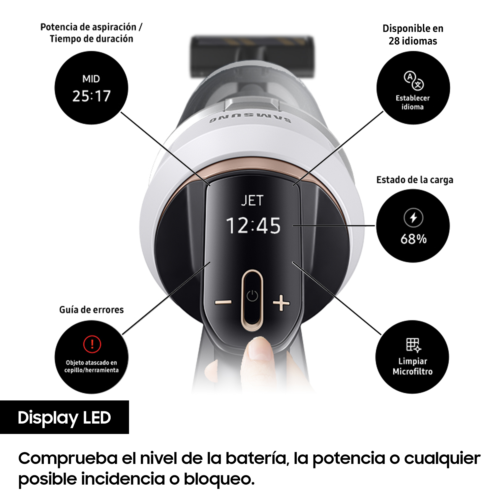 Primer plano del panel de control de una aspiradora con pantalla, botones e iconos de información.