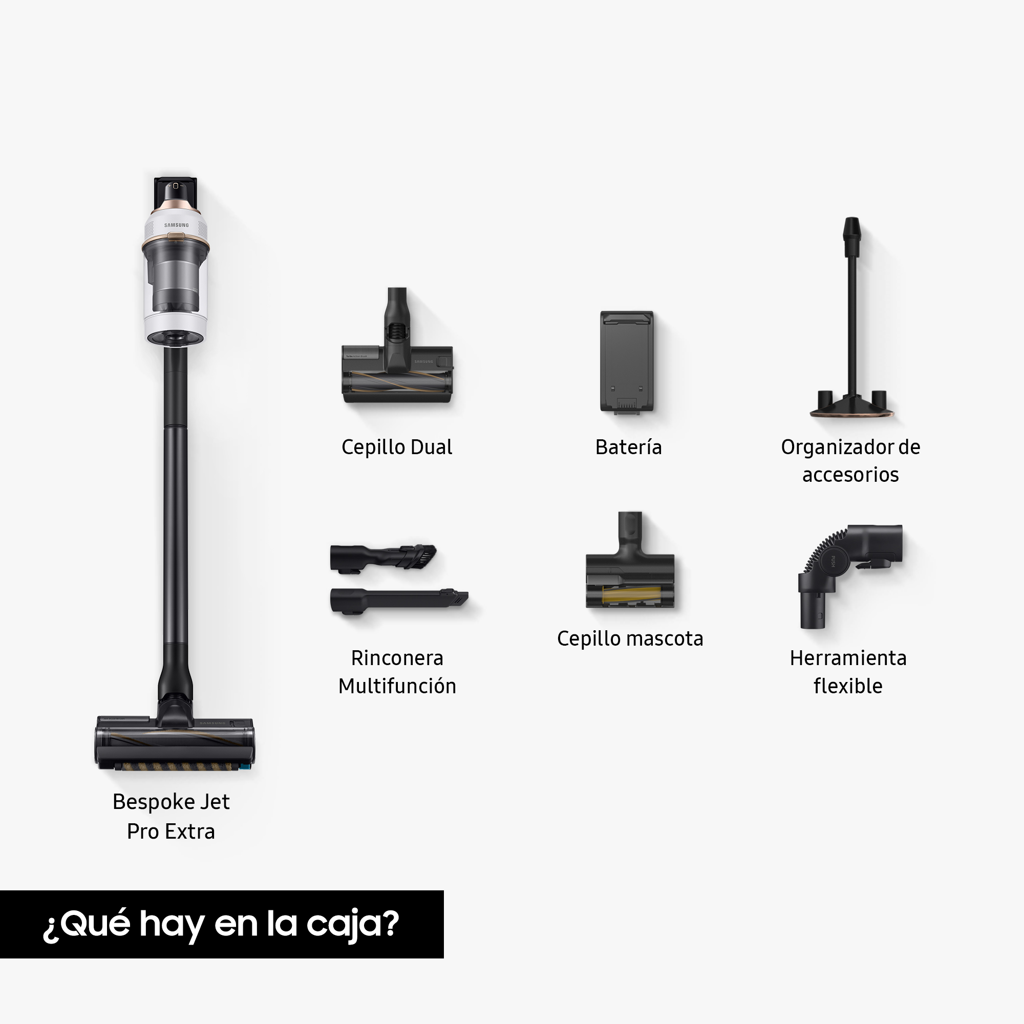 Diagrama de una aspiradora y sus accesorios. Texto en español.