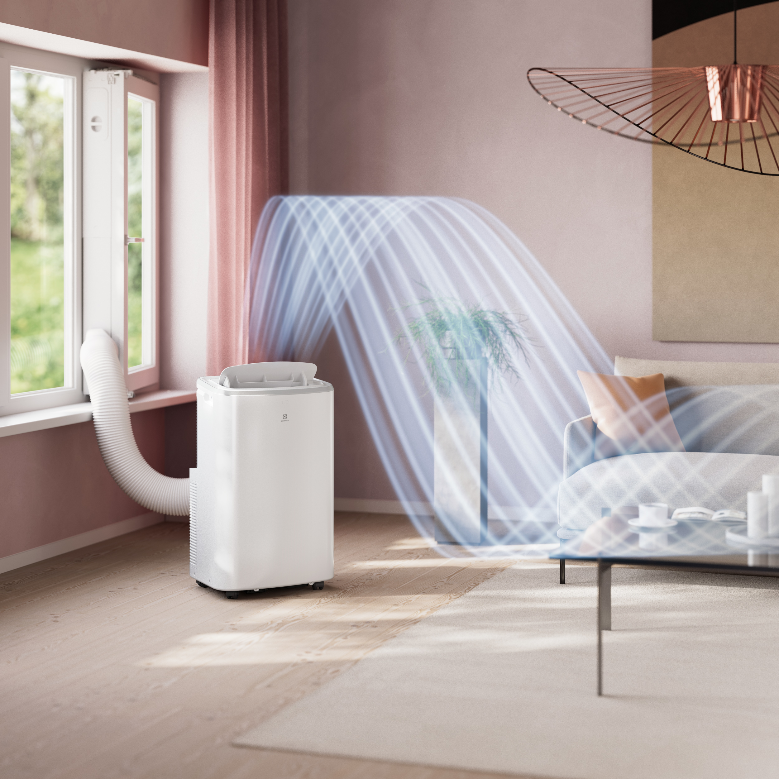 Climatiseur portable blanc avec un tuyau blanc relié à une fenêtre ouverte. Lignes de flux d'air bleues.