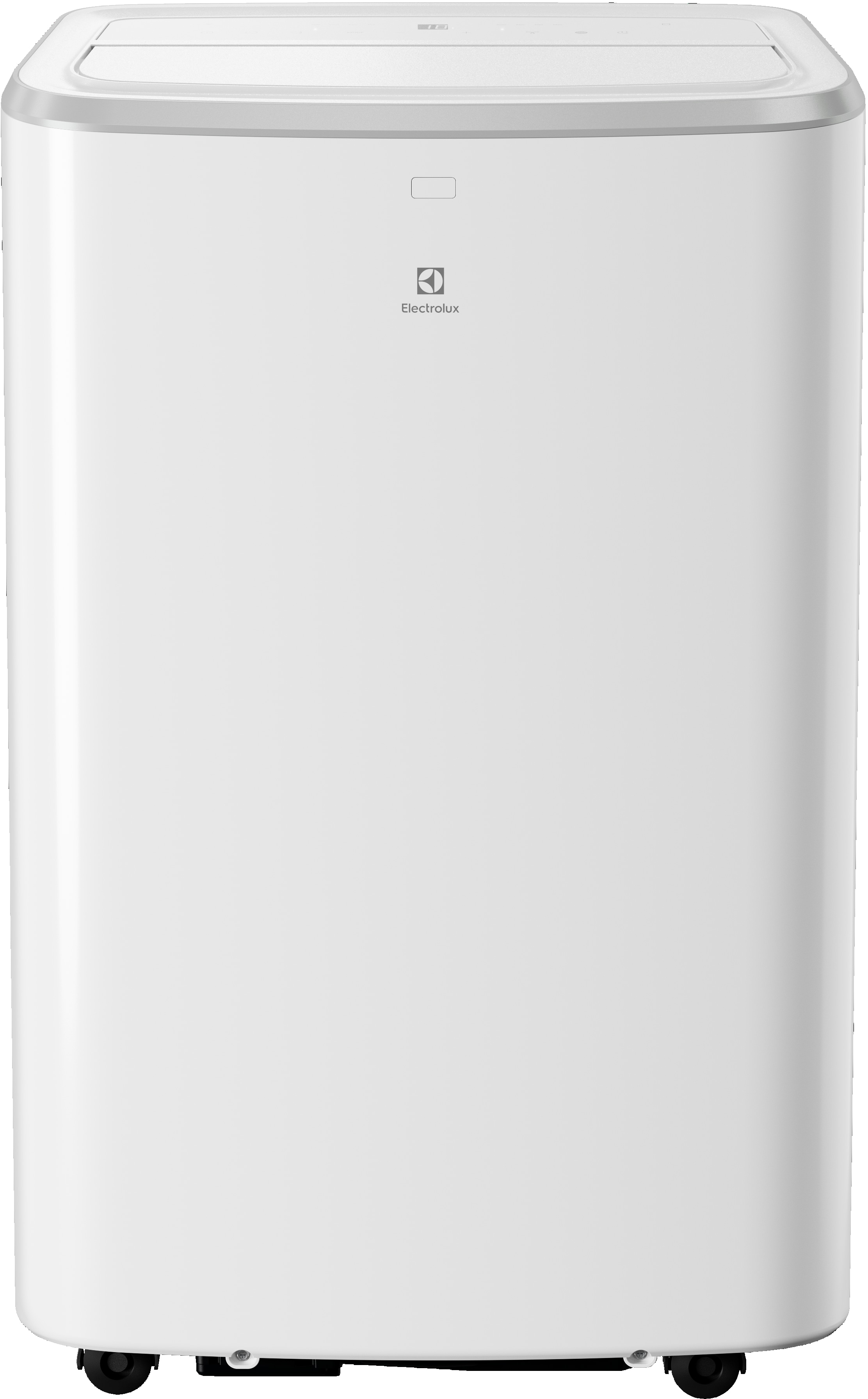 Climatiseur portable Electrolux blanc. Design minimaliste, sur roulettes. Fond blanc.