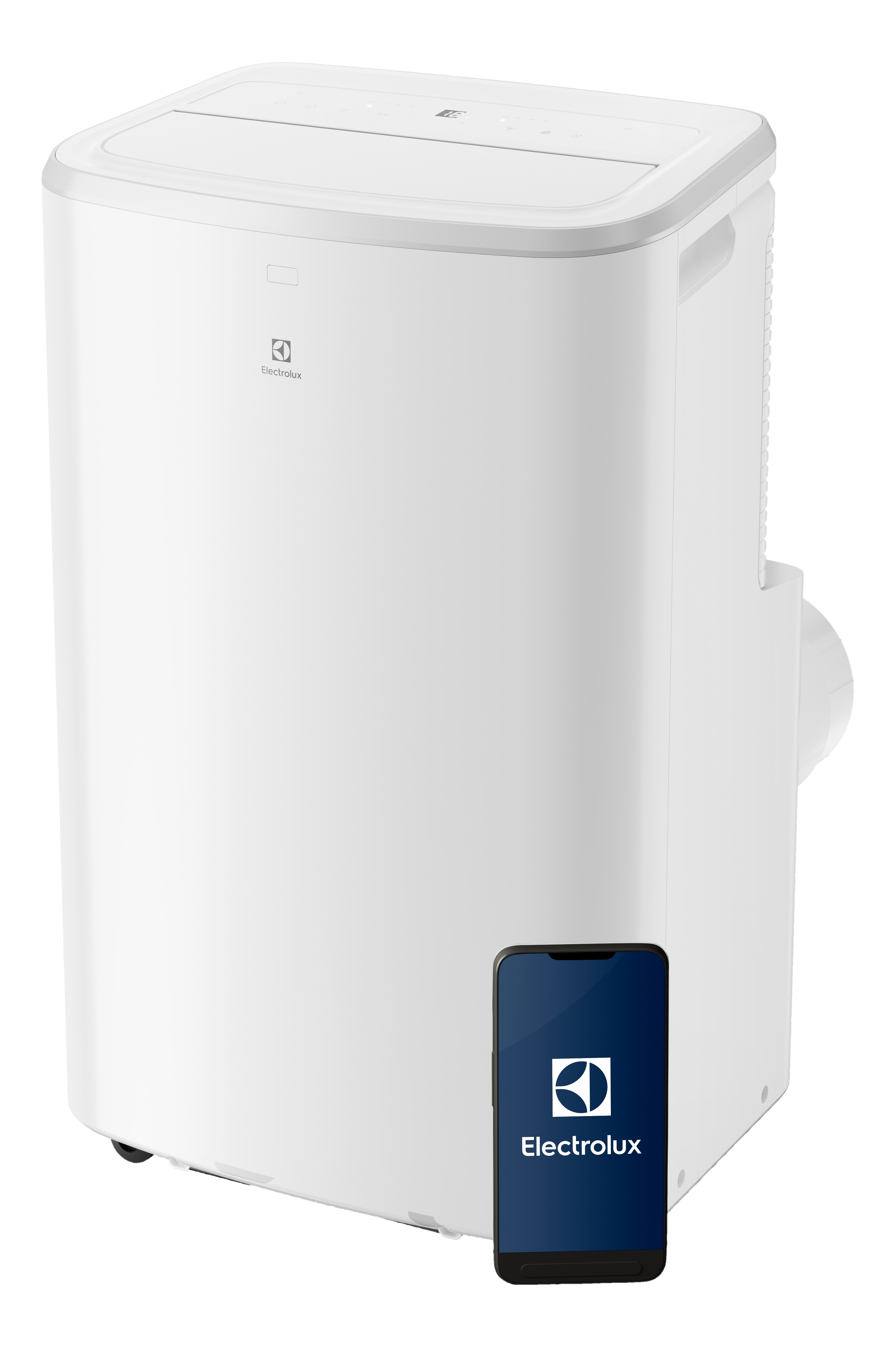 Climatiseur portable blanc Electrolux avec un smartphone affichant le logo. Corps blanc avec dessus noir.