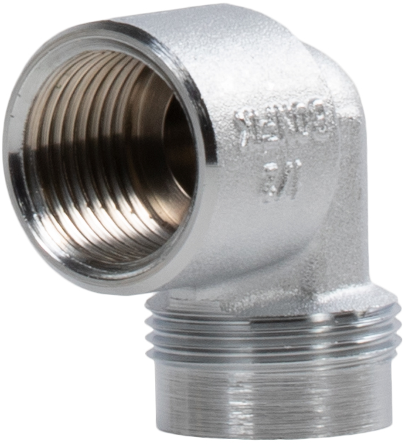 A silver 90-degree elbow pipe fitting with threaded ends.
