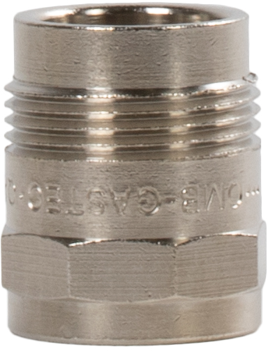A silver metal fitting. It is a cylindrical piece with threads and a hexagonal base.
