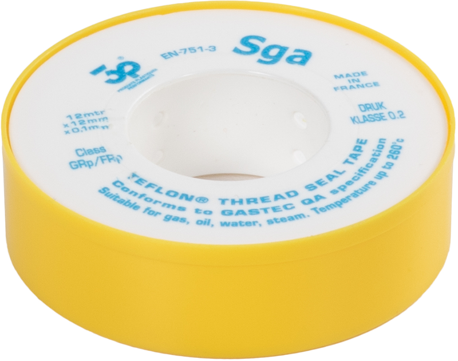 Yellow Teflon thread seal tape. The background is white.