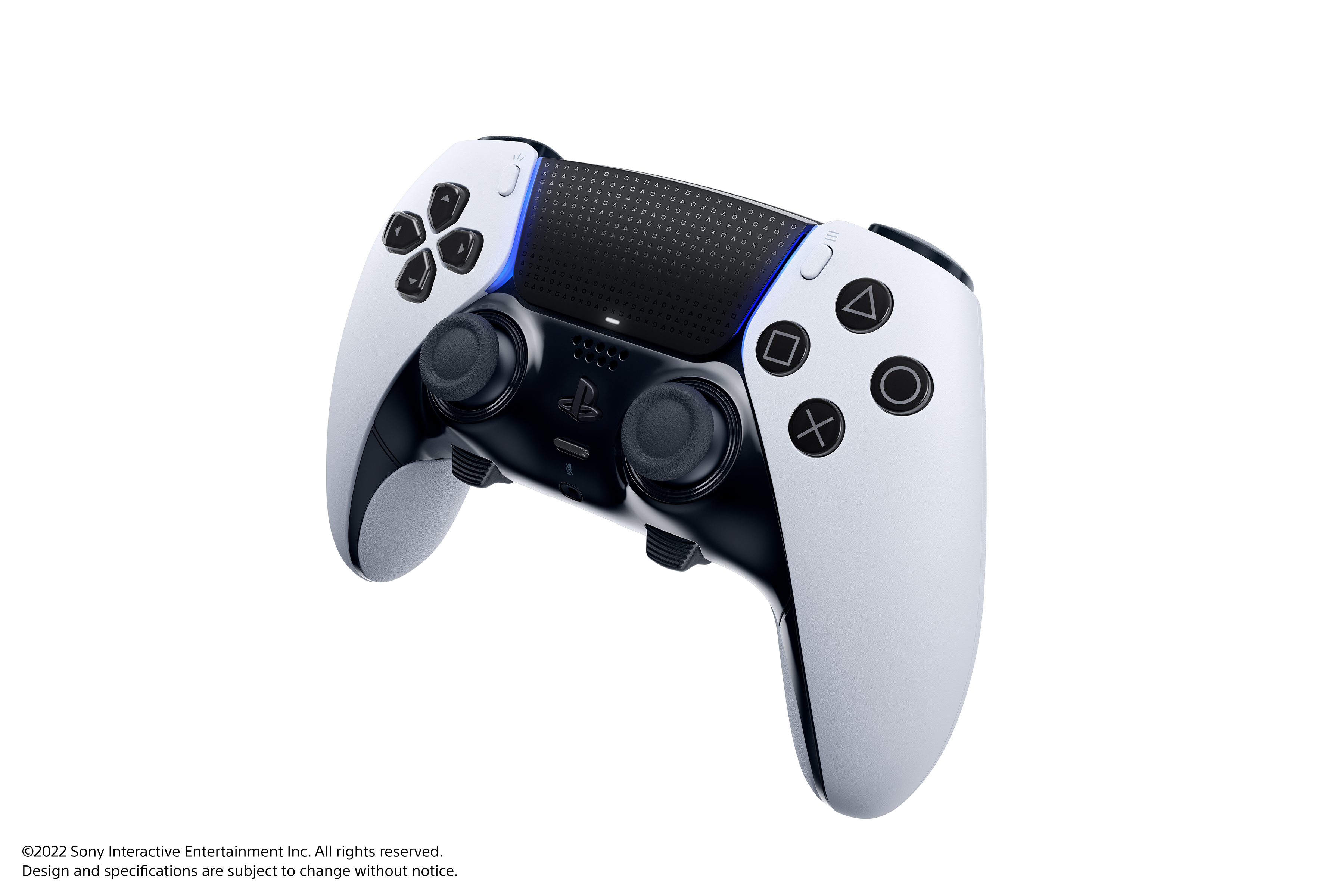 Weißer PlayStation-Controller. Verfügt über Tasten, Joysticks und Touchpad.