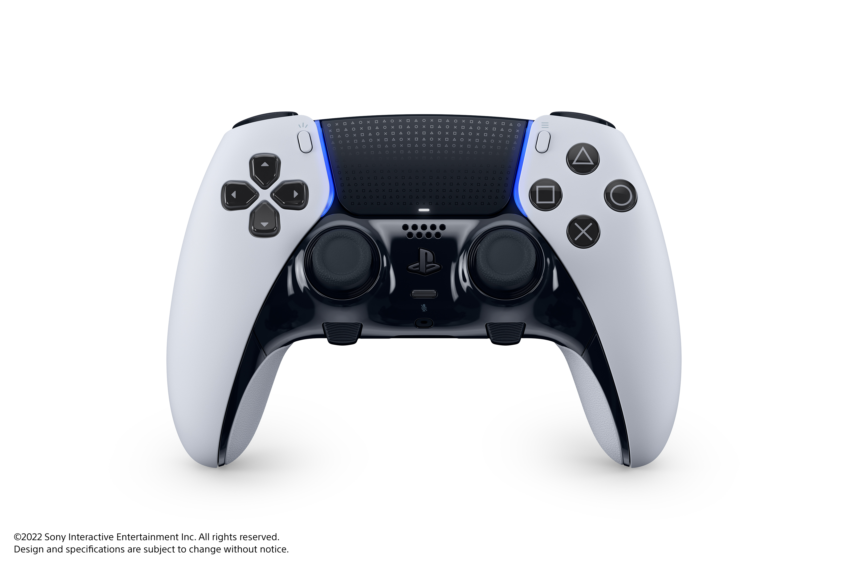 Weiß-schwarzer PlayStation 5-Controller mit Tasten, Thumbsticks und schwarzem Touchpad.