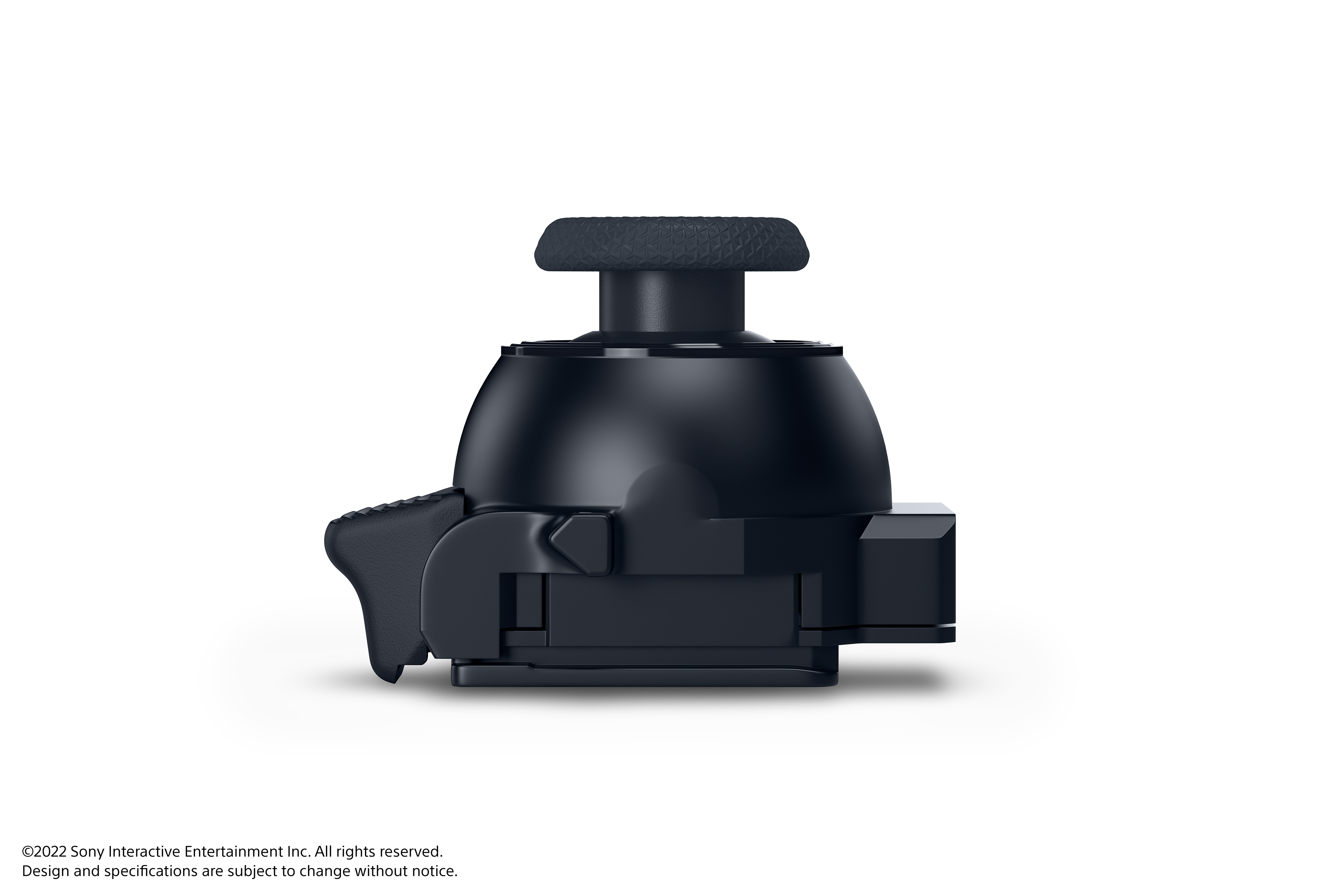 Schwarzer Joystick des Game-Controllers. Der Controller befindet sich auf einer weißen Oberfläche. Seitenansicht.