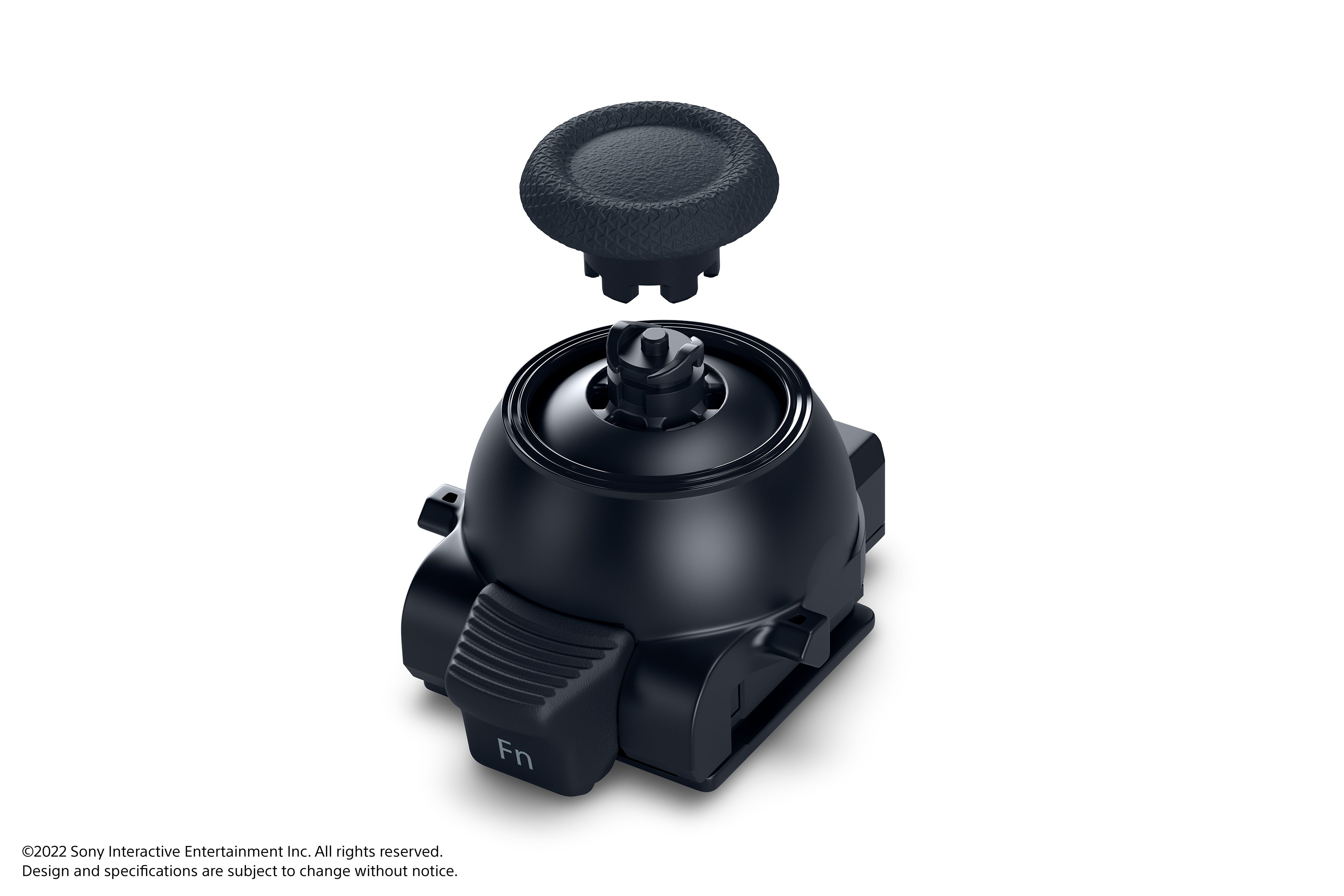 Schwarzer Controller-Joystick mit abnehmbarer Kappe und Basis, isoliert auf weißem Hintergrund.