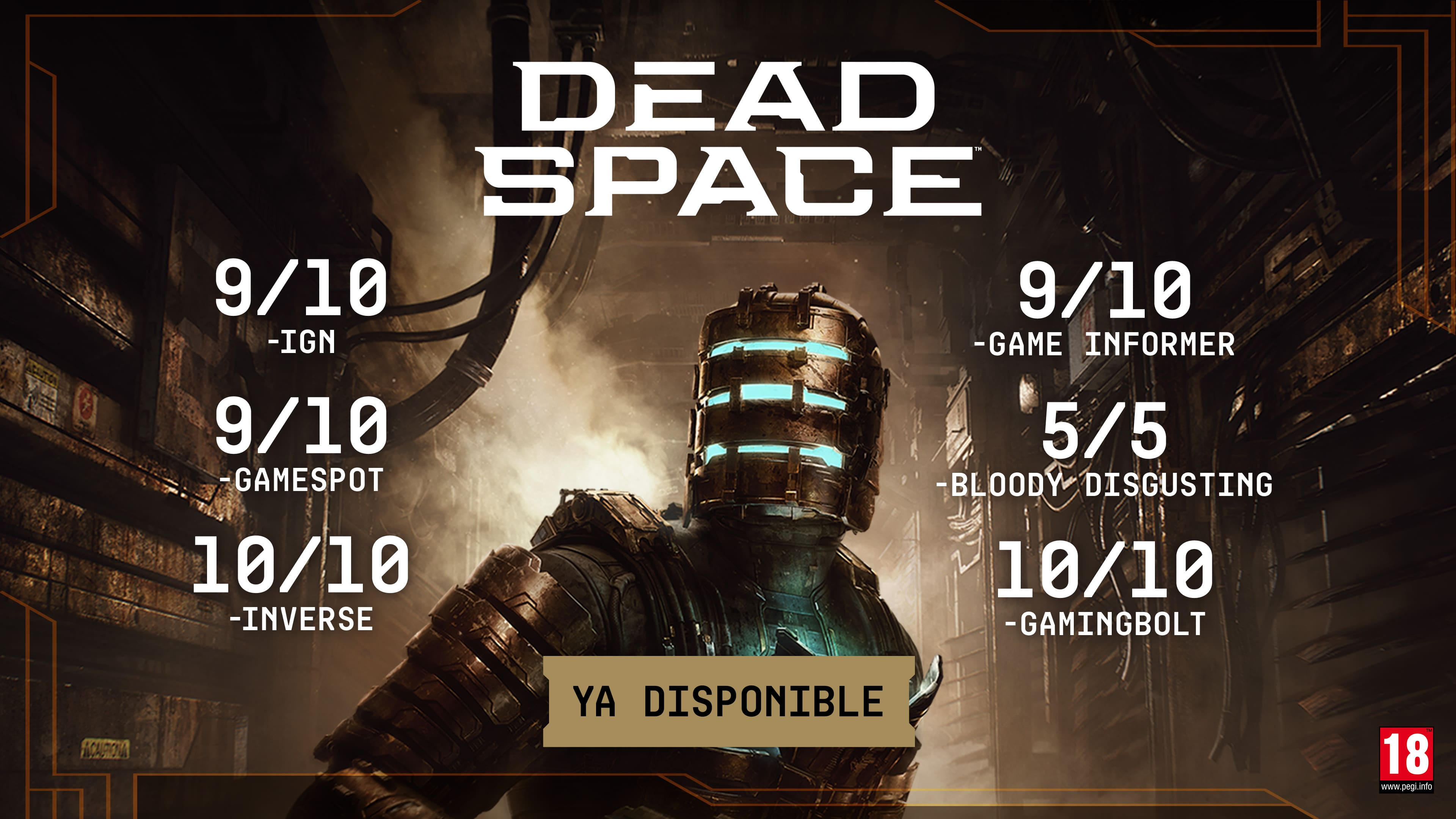 Anuncio del juego Dead Space. Muestra traje espacial, puntuaciones del juego y las palabras 