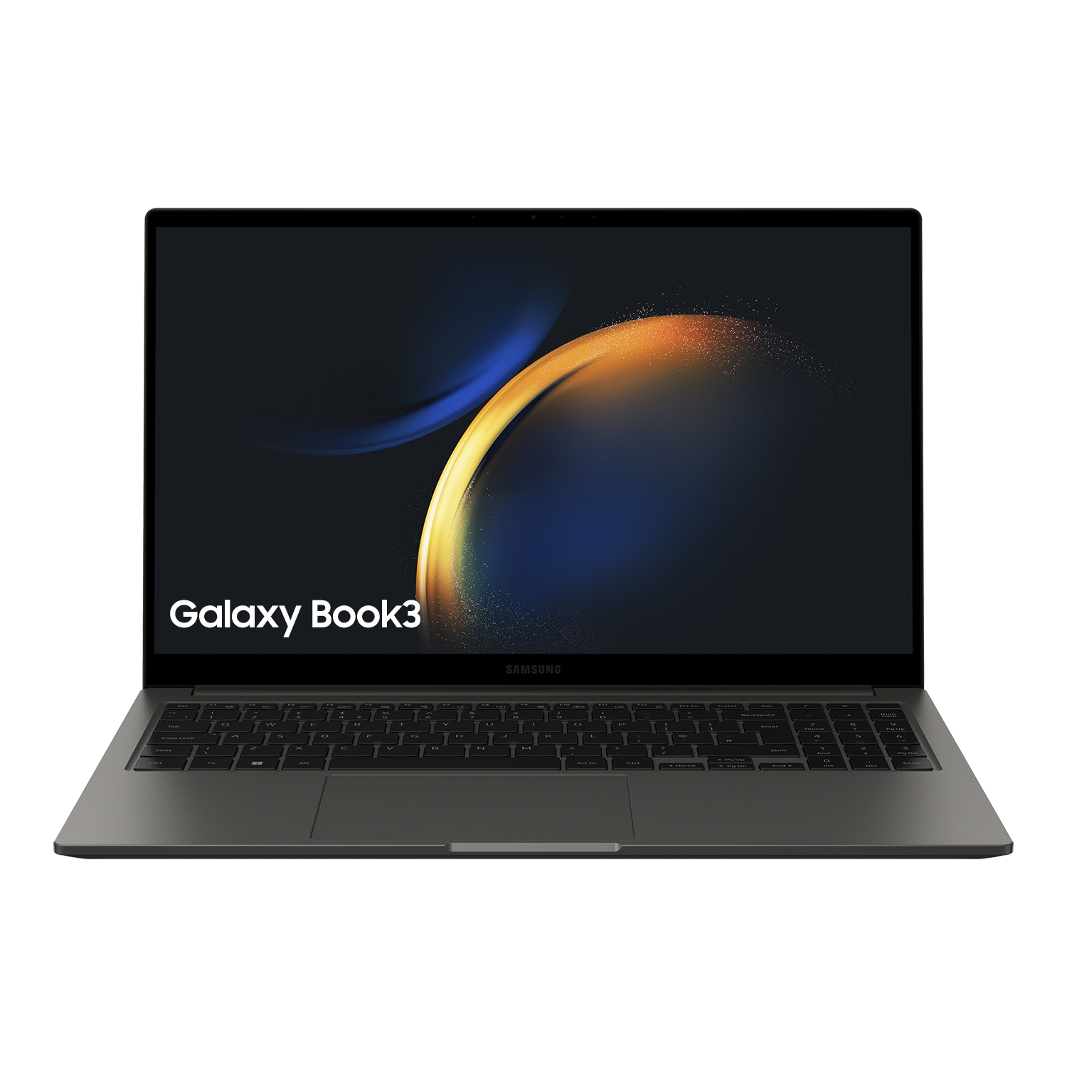 Un portátil gris con la pantalla mostrando un diseño abstracto. Galaxy Book3 está escrito en la parte delantera.