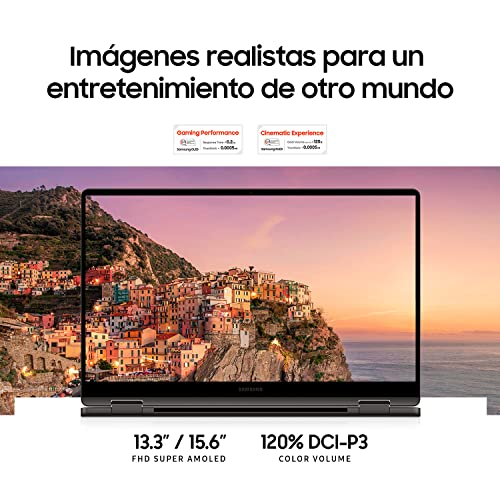 Una pantalla de portátil muestra una ciudad con una puesta de sol. El texto dice: '120% DCI-P3 color volume'. El portátil está abierto.