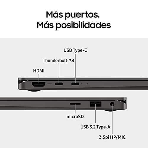 Primer plano de un portátil con etiquetas para diferentes puertos.