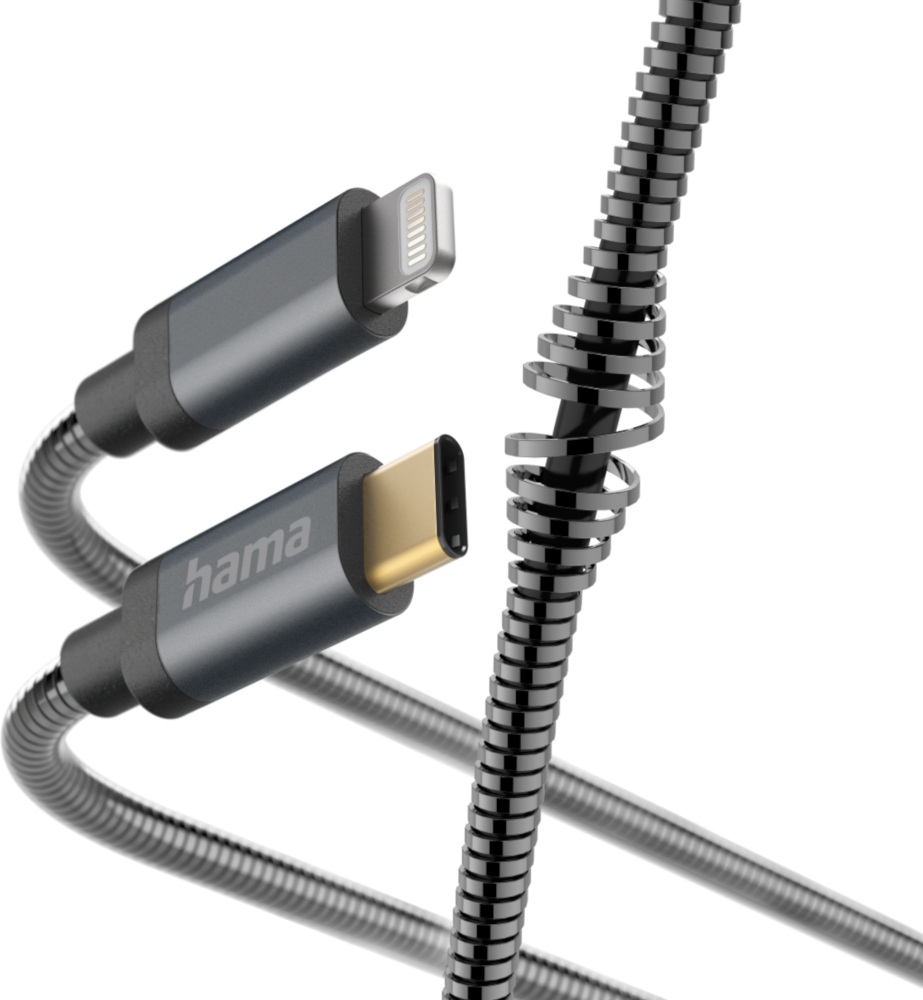 Twee metallic grijze kabels met connectoren: Lightning en USB-C, tegen een zwarte achtergrond.