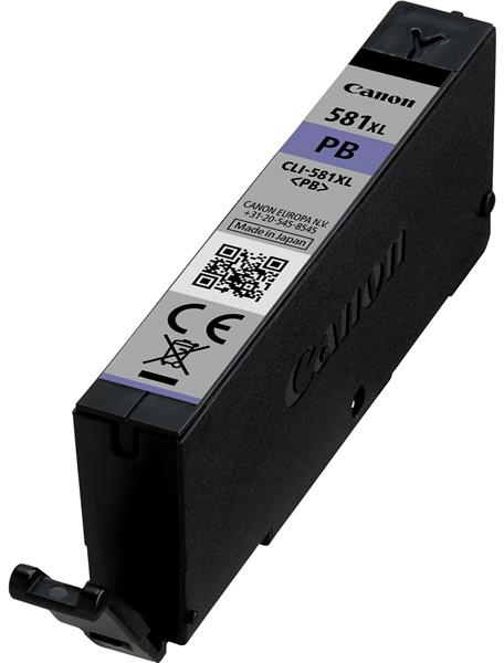 Cartouche d'encre d'imprimante Canon, noire et violette, avec infos produit et code QR.