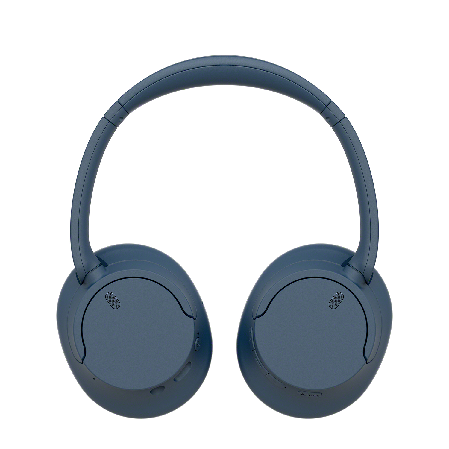 Blue headphones on white background, with a curved headband and two earcups.