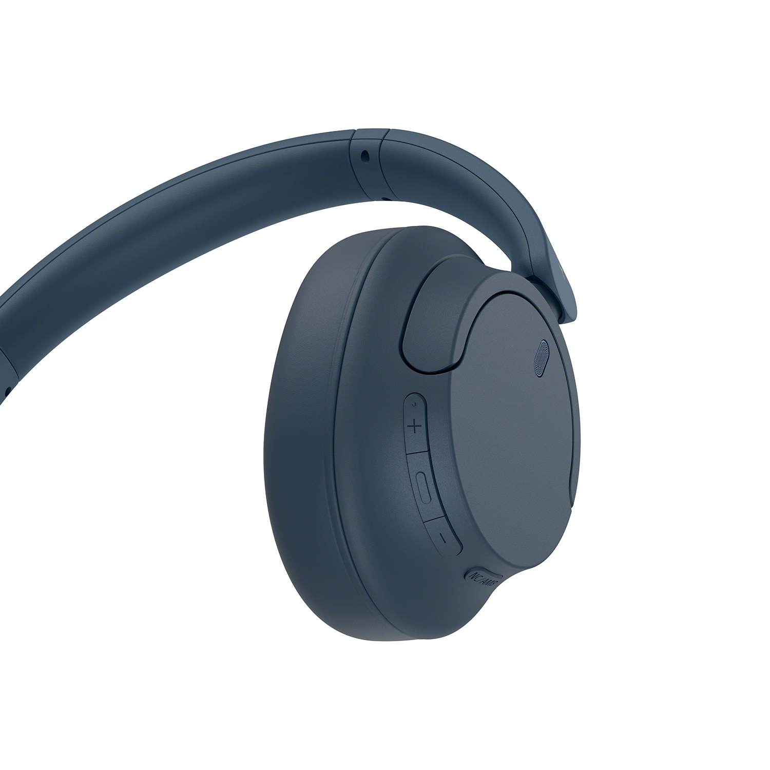 Blue headphones with the earcups angled, with the headband over the top.