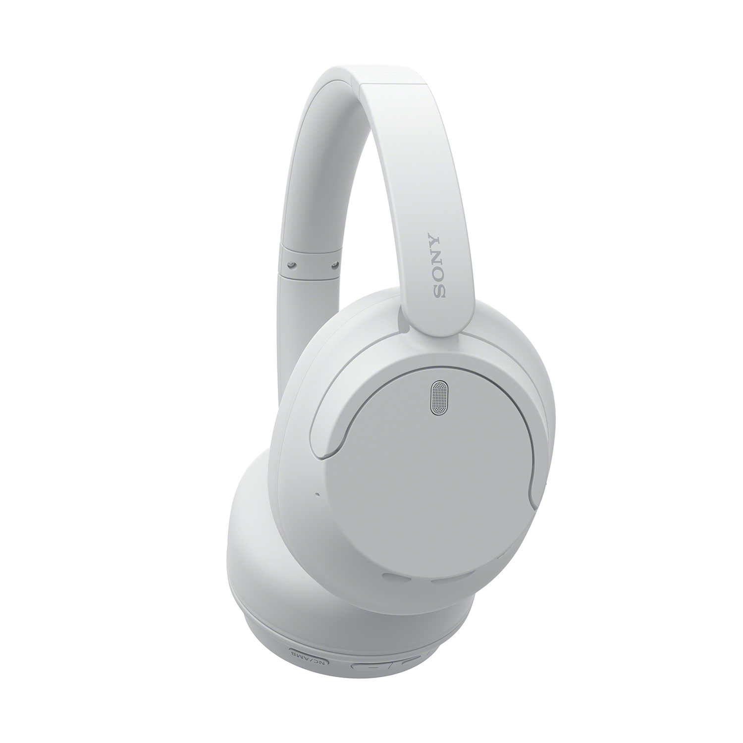 Witte Sony noise-cancelling koptelefoon, met oorschelpen, hoofdband en bediening.