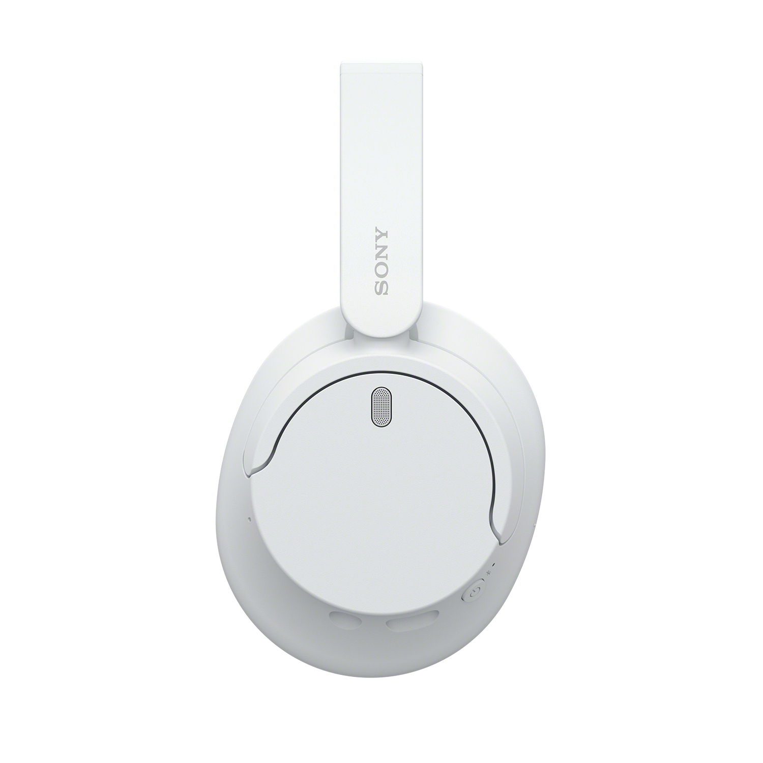 Witte Sony over-ear koptelefoon, bovenaanzicht, met het logo en bediening zichtbaar.