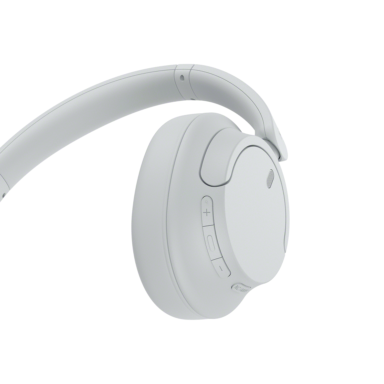 Een witte koptelefoon met een gebogen hoofdband en volumeknoppen.