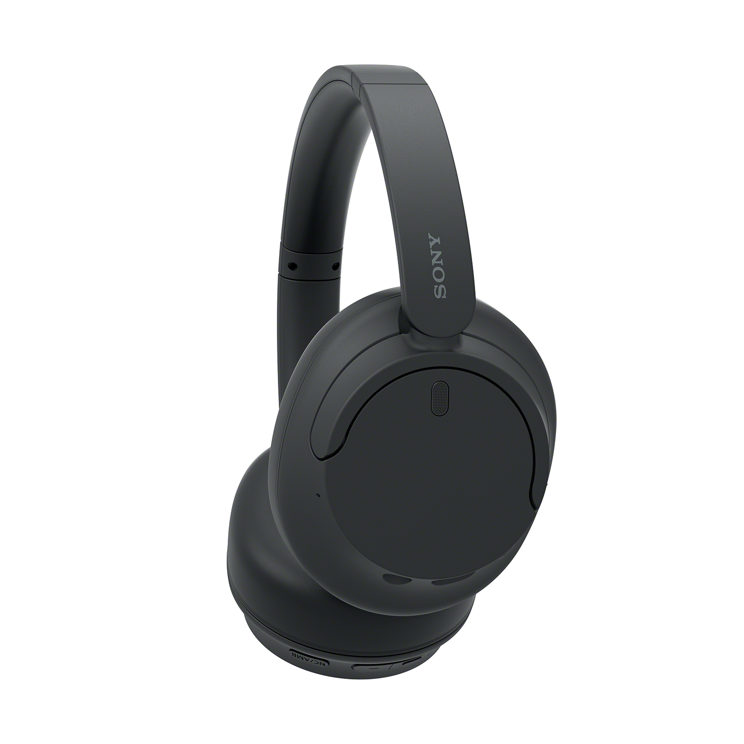 Zwarte Sony-koptelefoon op witte achtergrond. Het woord SONY staat op de hoofdband.