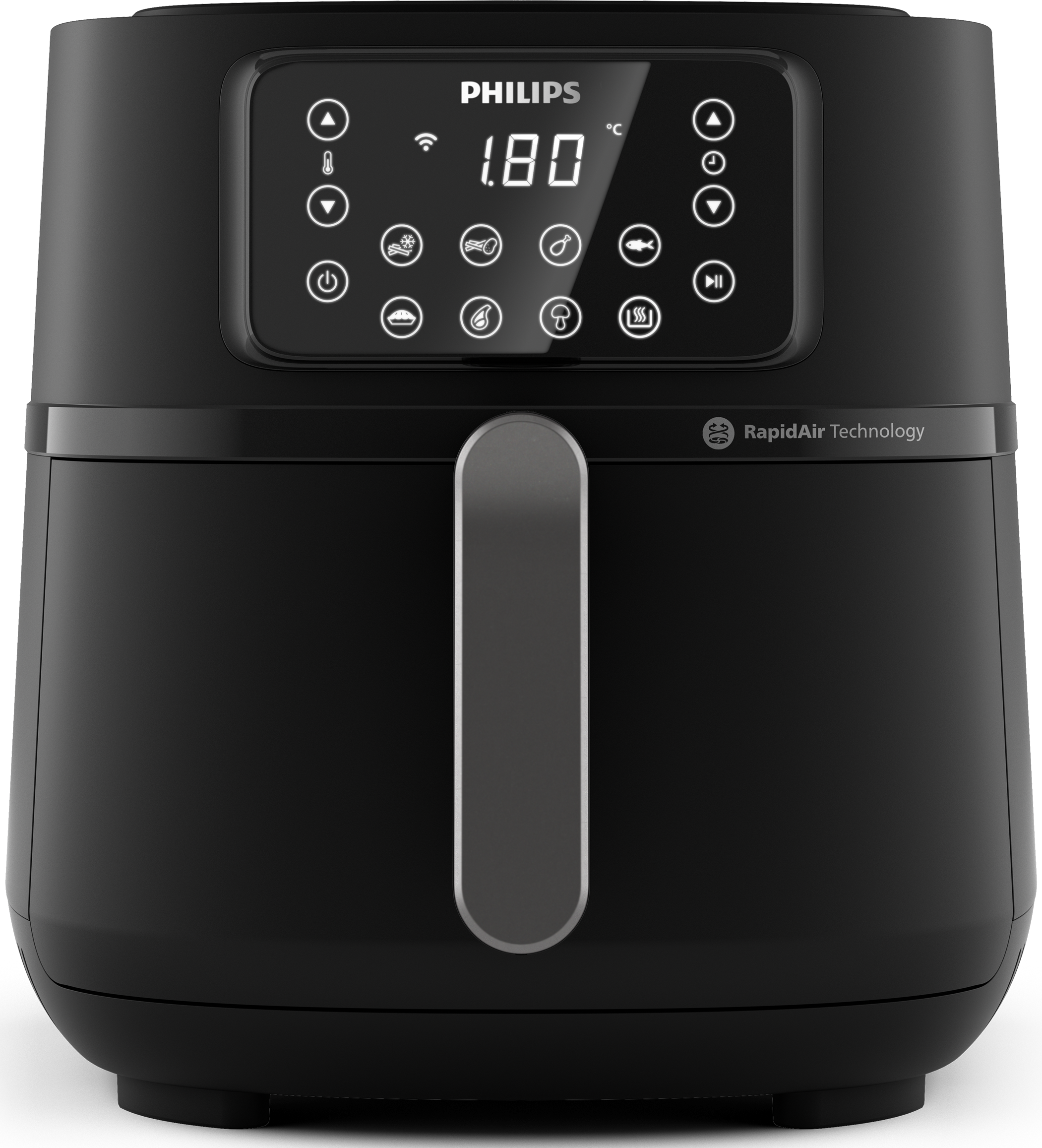 Zwarte Philips airfryer met digitaal display met temperatuur en bedieningsknoppen.