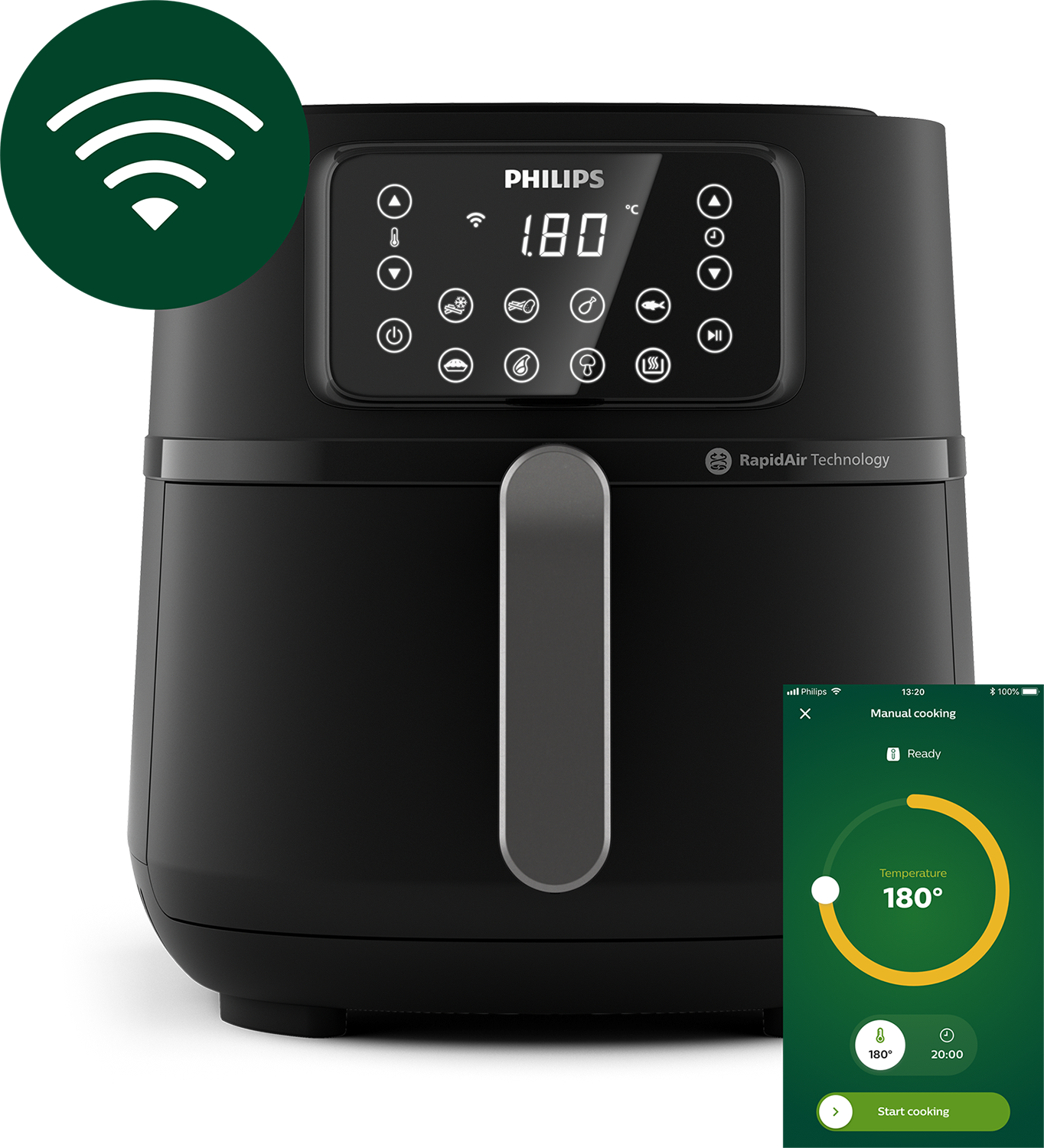 Zwarte airfryer met digitaal display en smartphone met kookbediening.