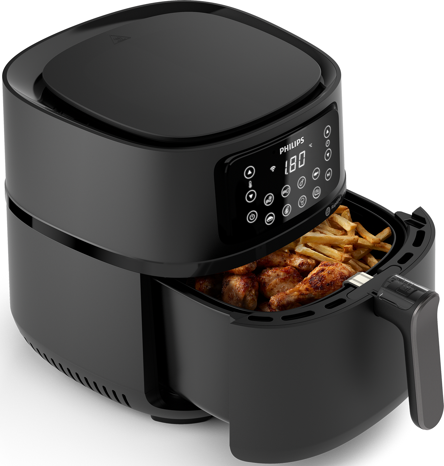 Zwarte airfryer met open mand, gevuld met gefrituurd voedsel, en bedieningspaneel zichtbaar.