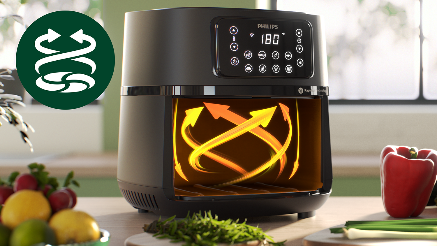 Een airfryer met een uitsparing die de binnenkant laat zien. Pijlen tonen de luchtcirculatie.