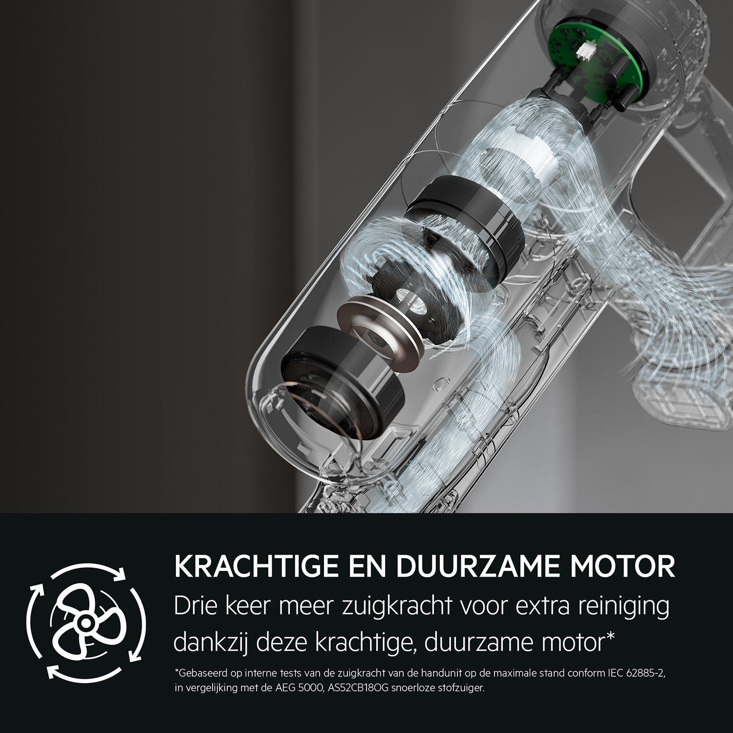 Onderdelen van de stofzuigermotor zijn zichtbaar. Witte tekst beschrijft de motor.