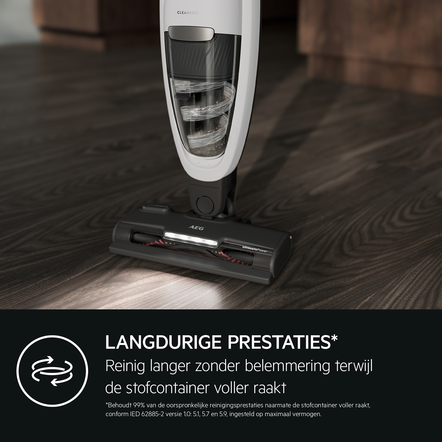 A white vacuum cleaner head cleaning a wood floor. Text: Long-lasting performance.