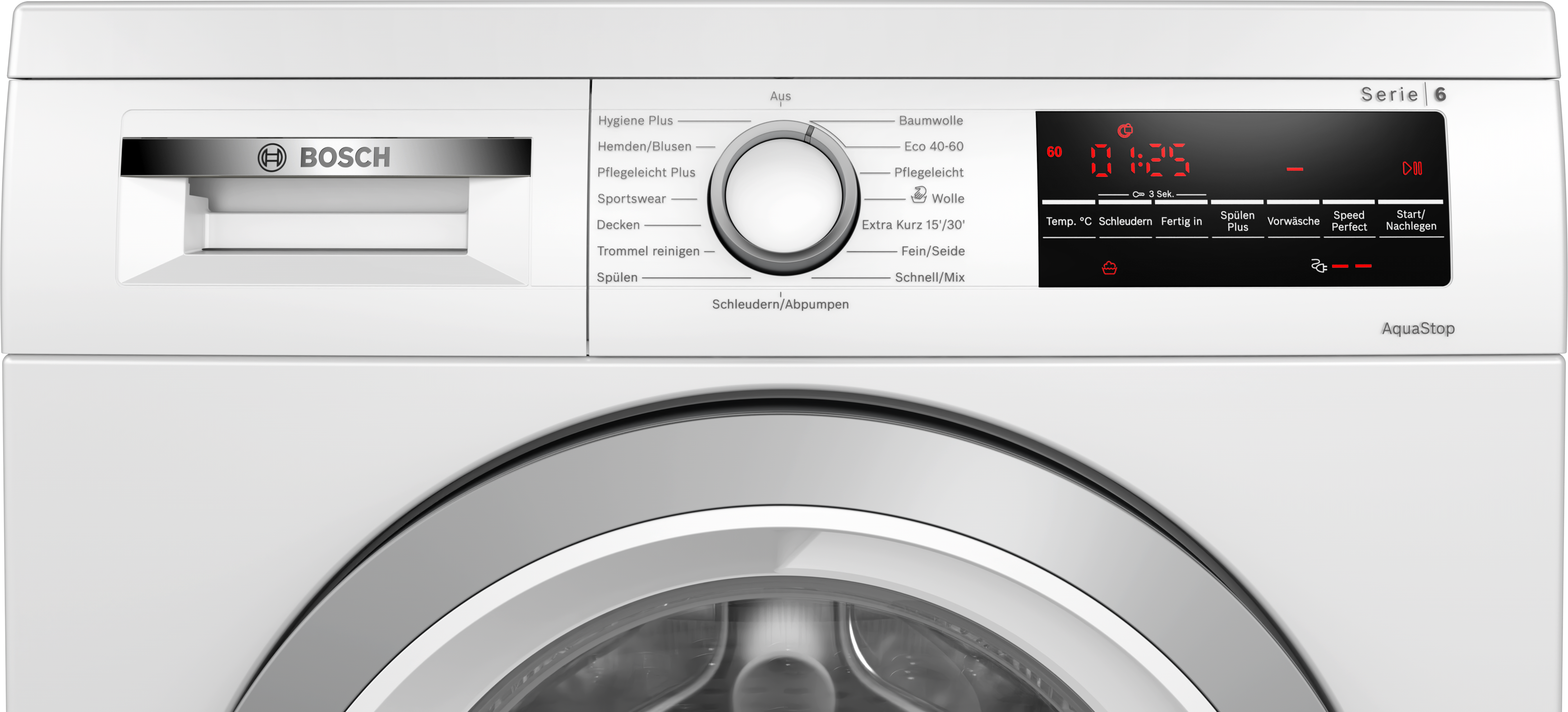 Eine weiße Bosch Waschmaschine. Zeigt das Bedienfeld mit Einstellungen und digitaler Anzeige.