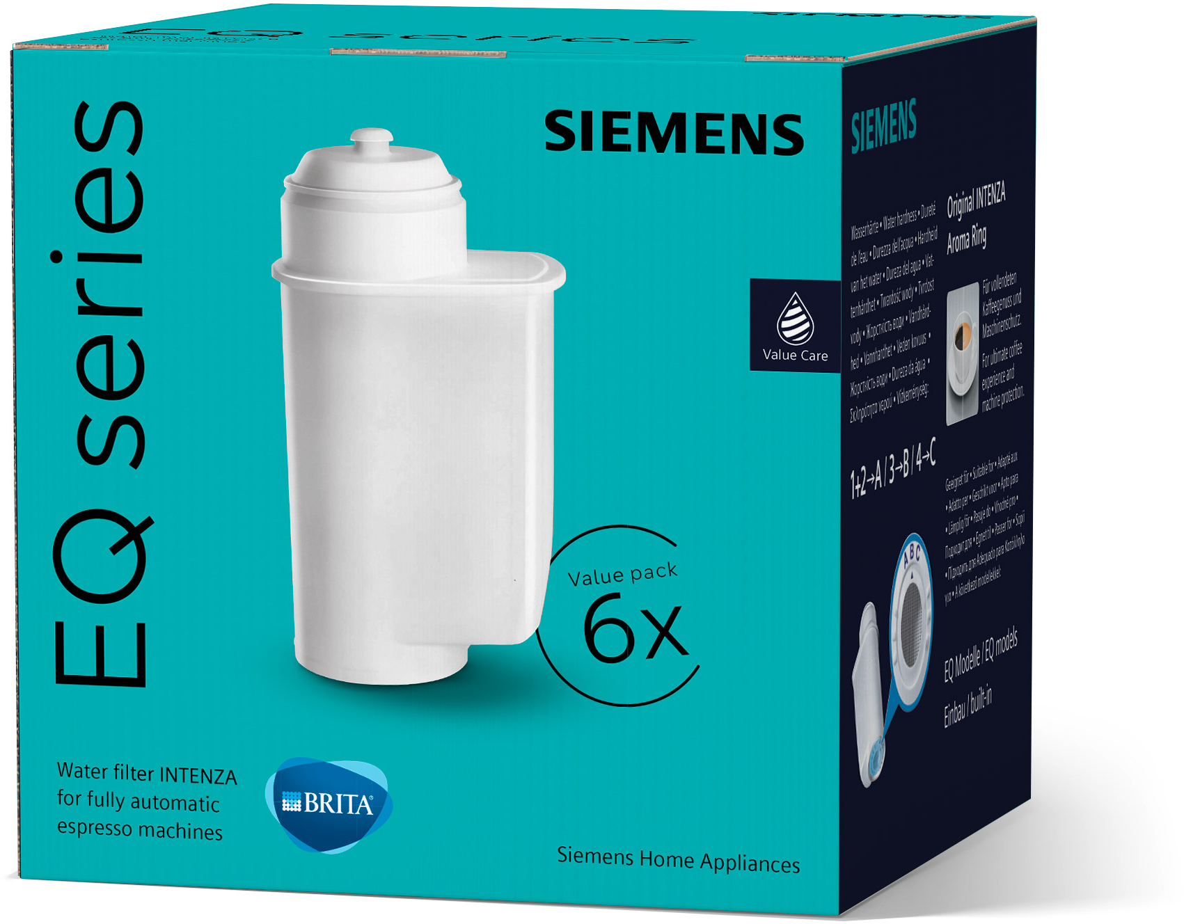 Schachtel mit weißem Wasserfilter, Markenname Siemens und dem Text 'EQ series'.