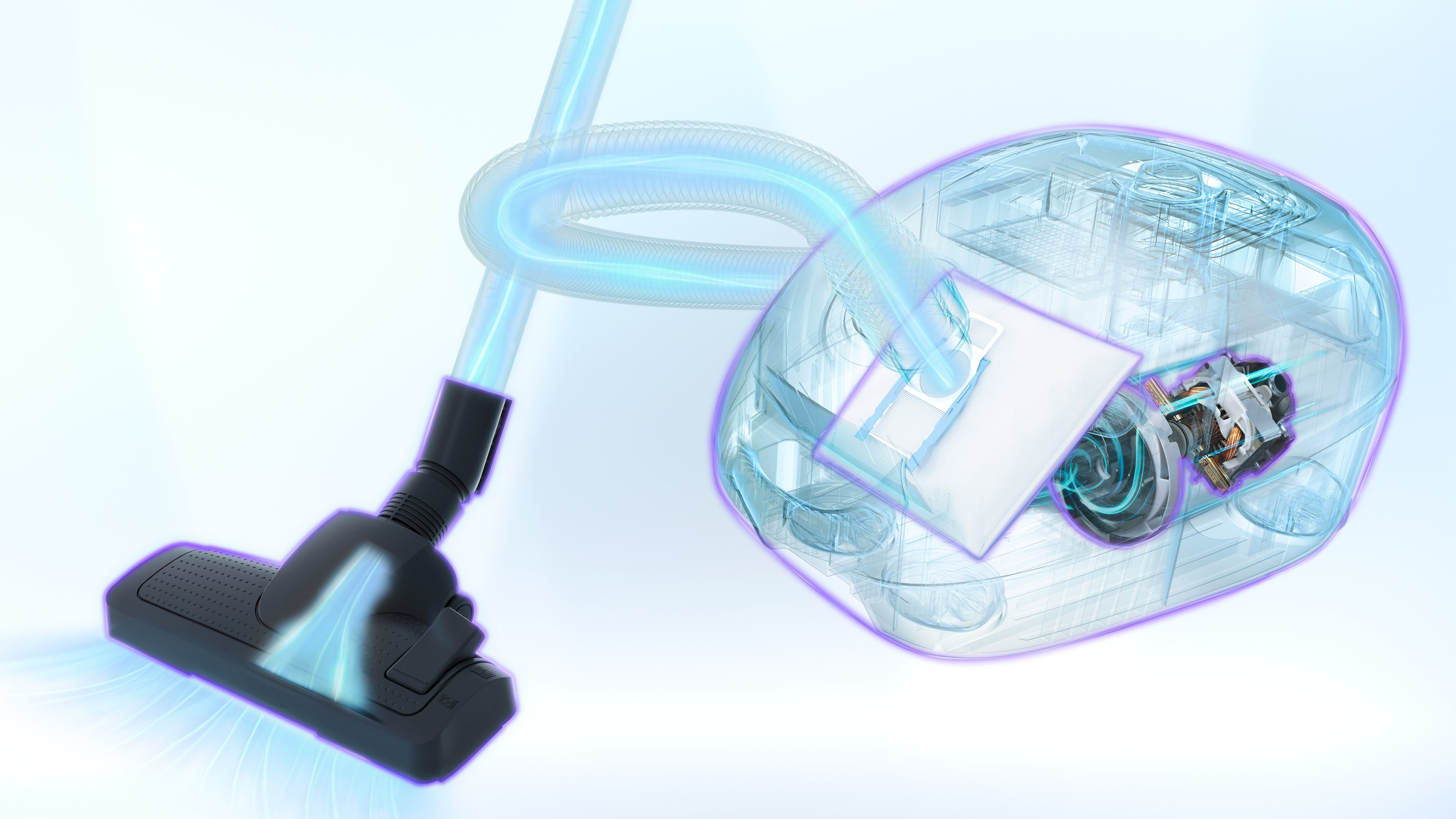 Anatomie eines Staubsaugers. Er hat einen Kopf, einen Schlauch und einen Körper, alles in transparentem Design.