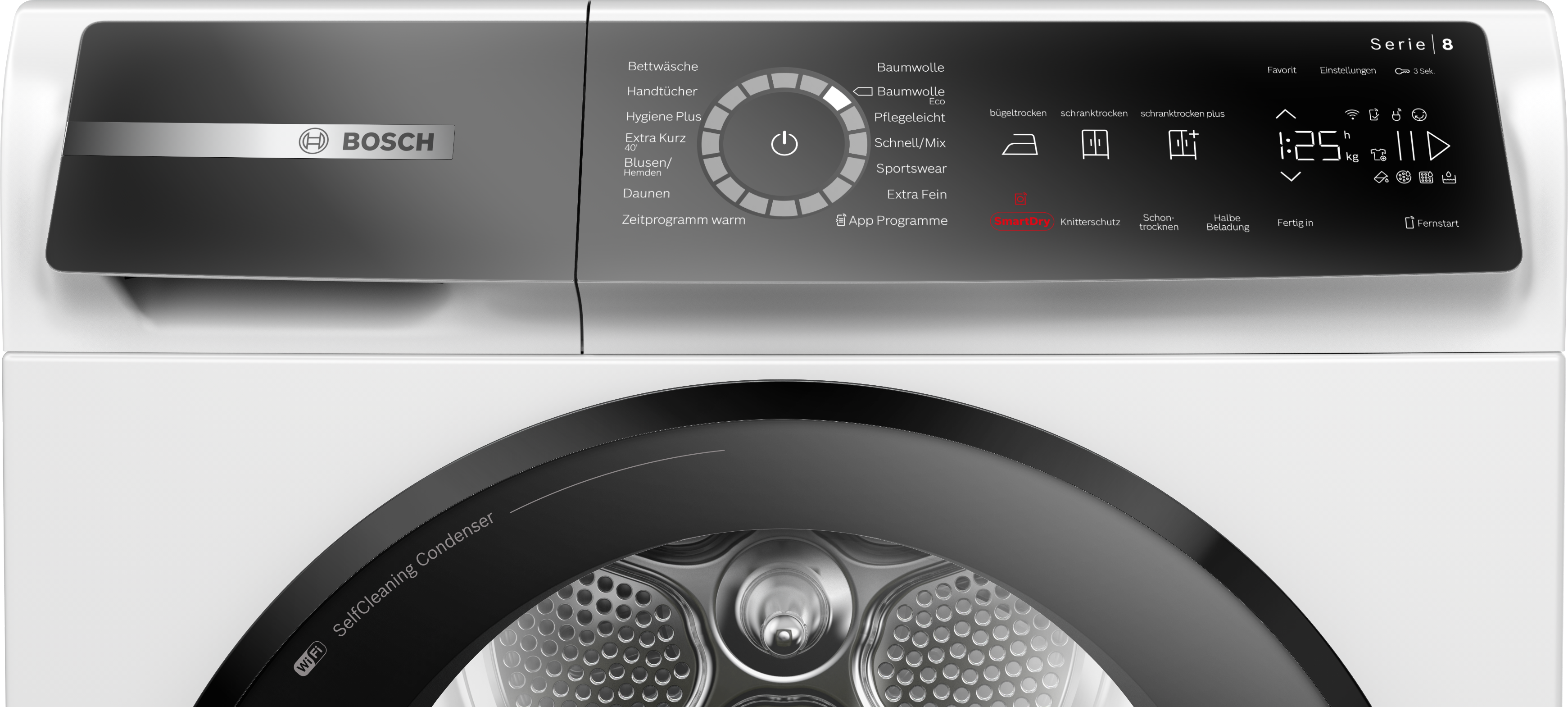 Bosch Trockner mit Bedienfeld, Programmen und Display. Weiße Maschine mit schwarzen Akzenten. Mit Wi-Fi und SelfCleaning Condenser.