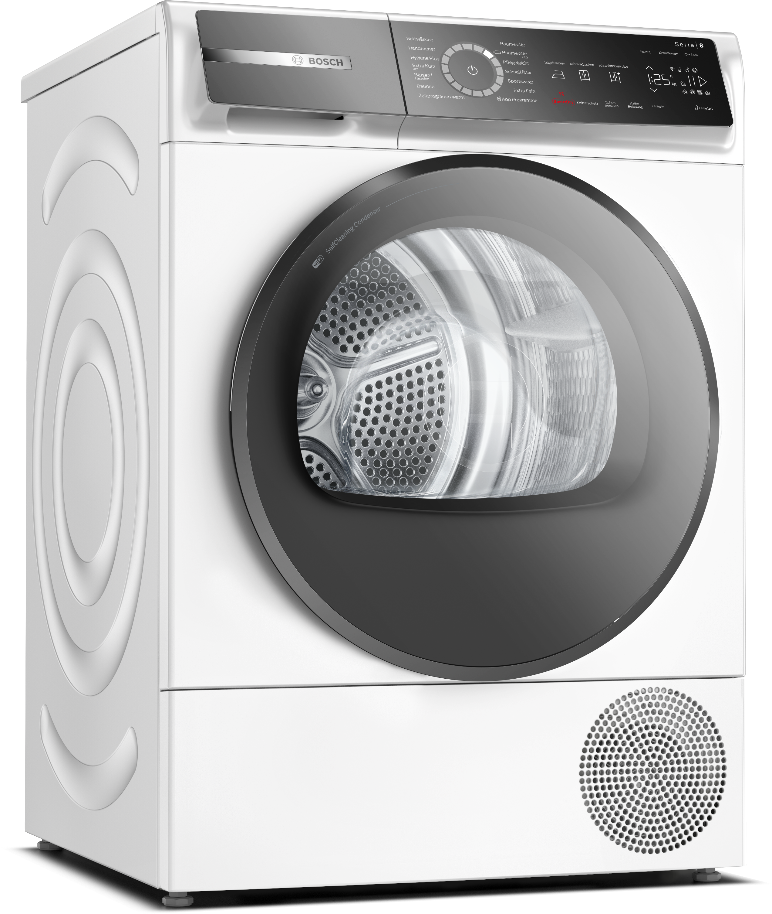 Weiße Waschmaschine mit schwarzer Tür. Die Maschine hat ein Digitaldisplay und Knöpfe.