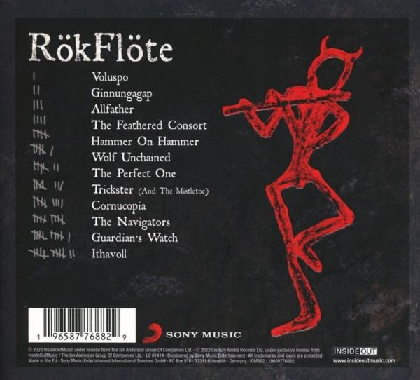 Egy zenei CD hátlapja. Piros rajz egy furulyás emberről. Szöveg.
