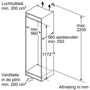 Schéma avec les dimensions d'un réfrigérateur, avec des descriptions de différents éléments.