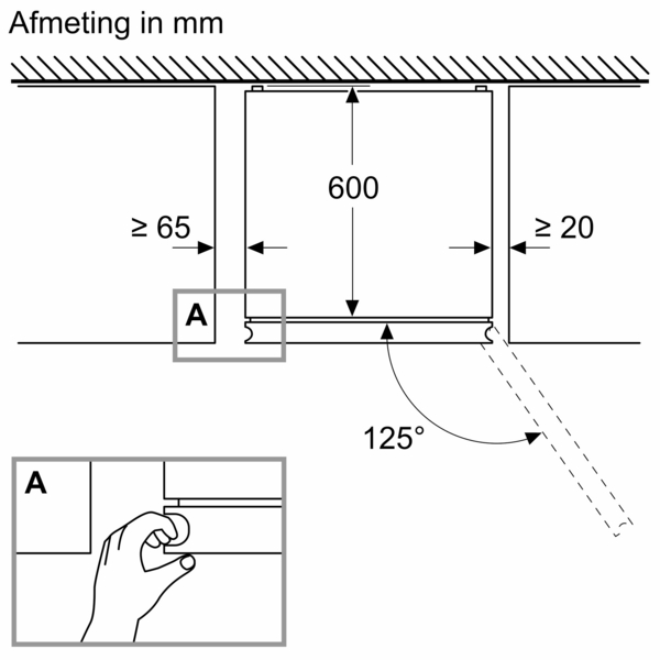 Diagram van een afzuigkap met afmetingen in mm.