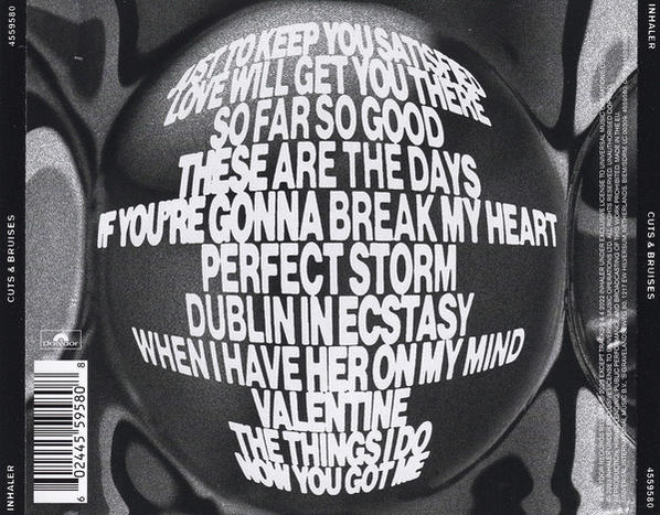 Albumcover: INHALERs Cuts & Bruises. Text auf einer Kugel, mit Titel und Tracklist.