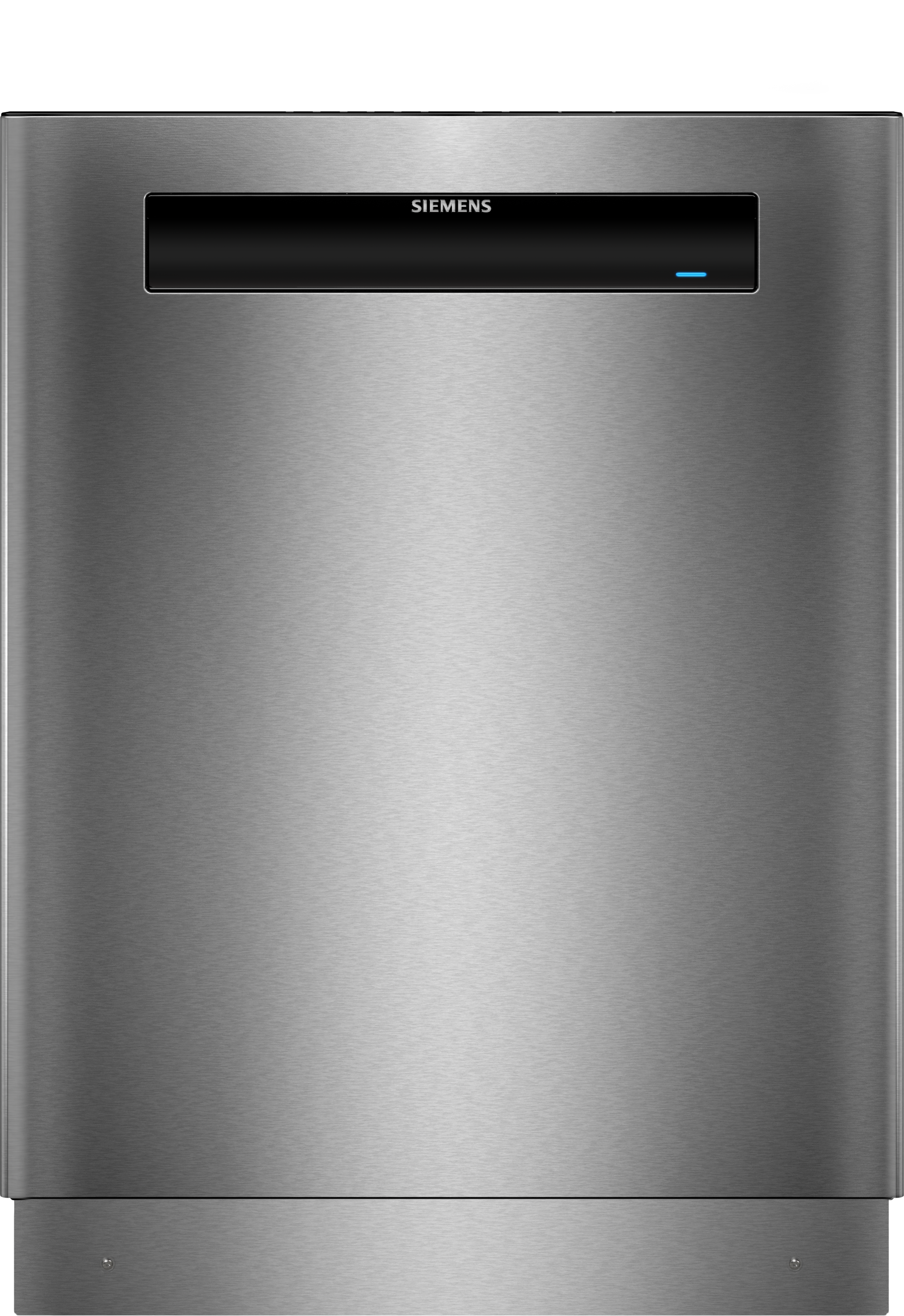 Silberner Siemens Geschirrspüler. Schwarzes Bedienfeld oben. Blaues Licht an.