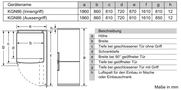 Technische Zeichnungen, die die Installation eines Kühlschranks in einer Ecke zeigen.