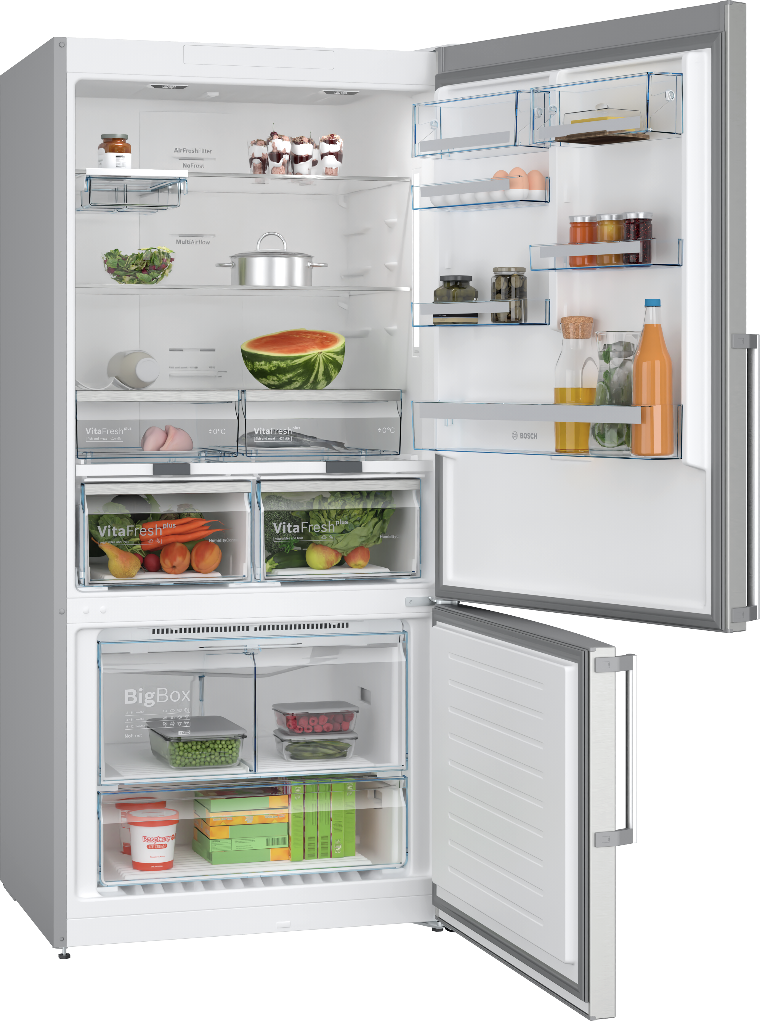 Kühlschrank mit offenen Türen. Obst, Gemüse und andere Lebensmittel sichtbar. Weißer Hintergrund.