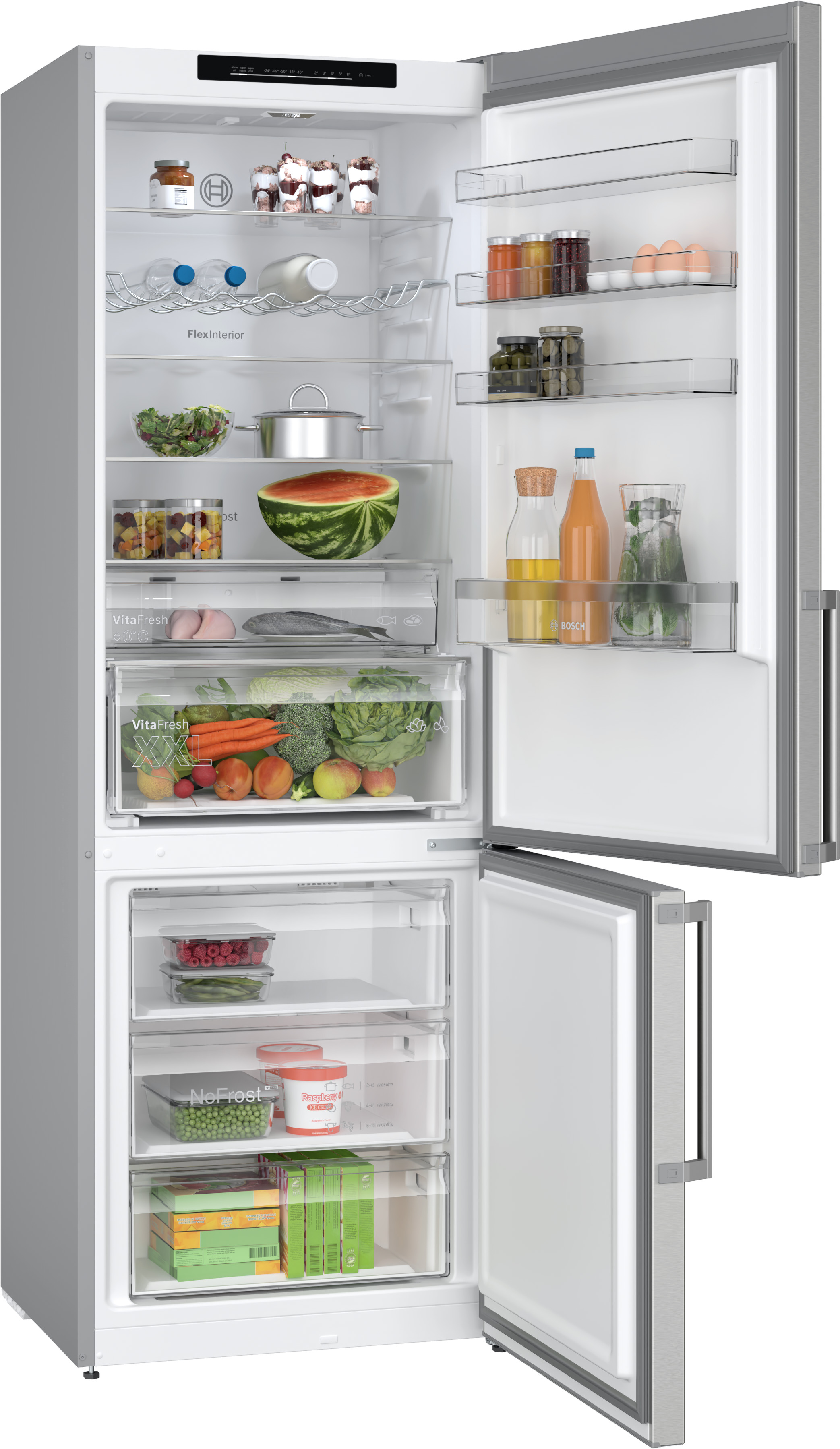 Offener Kühlschrank mit Lebensmitteln. Gemüse, Obst, Gläser und Flaschen sind im Kühlschrank sichtbar.