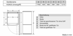 Diagramm mit Abmessungen und Maßen eines Kühlschranks mit Türöffnung.