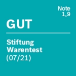 Text auf türkisem Hintergrund: GUT, Stiftung Warentest (07/21) und eine Note 1,9.