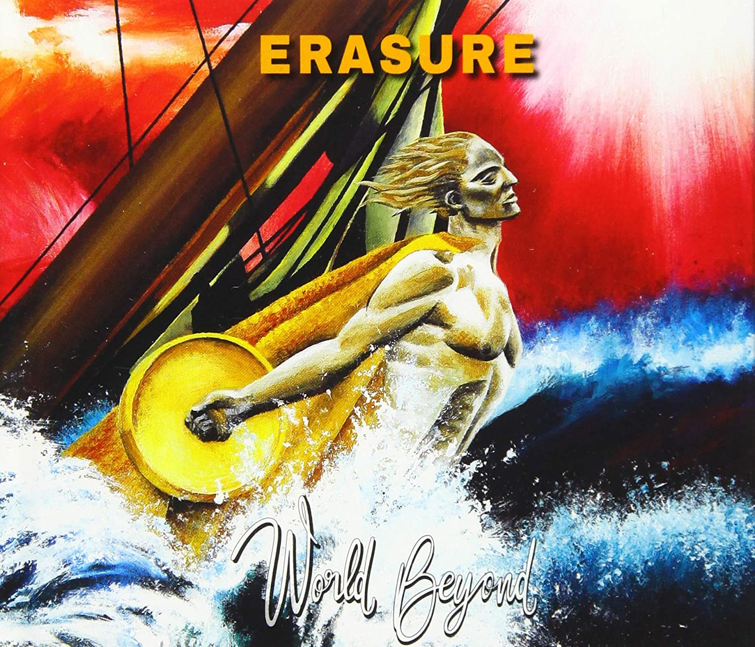 Az Erasure 'World Beyond' című albumának borítója. Egy szoborszerű alak emelkedik ki a hullámokból, arany korongot tartva, piros és kék háttérrel.